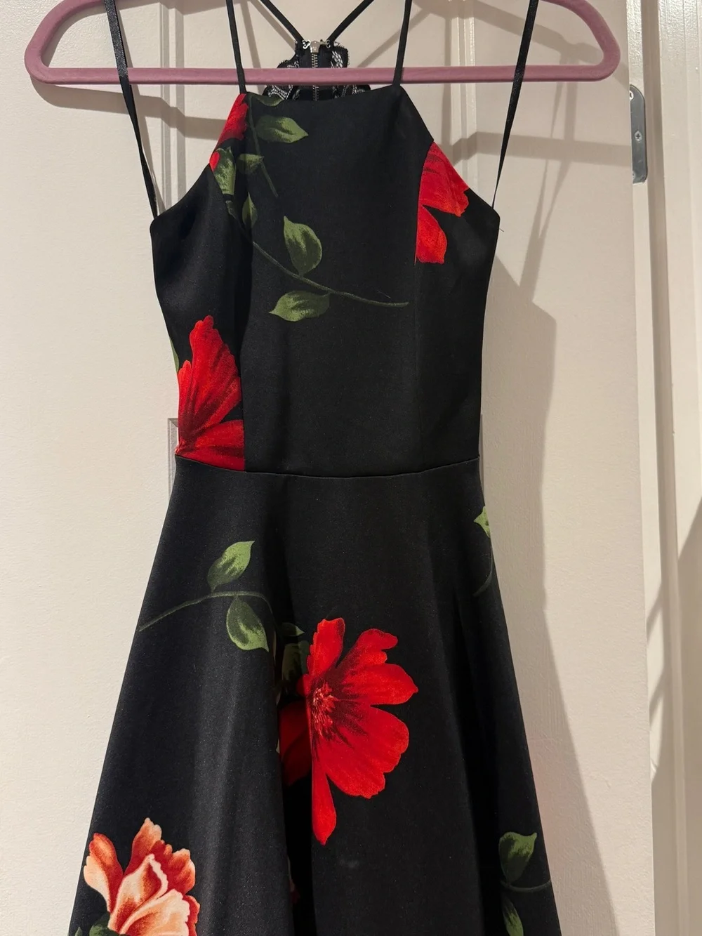 Trac Black Dress with Red and Green Floral Accents